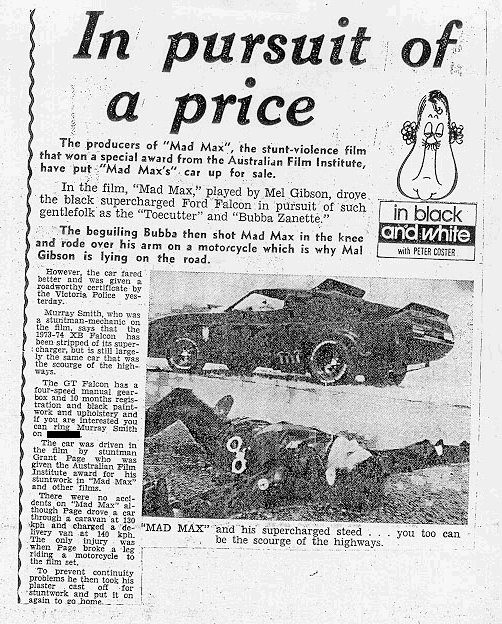 The Mad Max Interceptor for sale in the Herald Sun, 1979